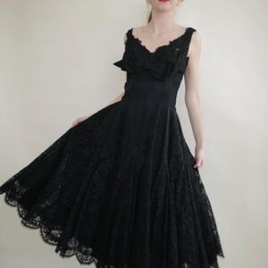 1950's Gorgeous, Black Silk File, And French Lace Party Dress S/M